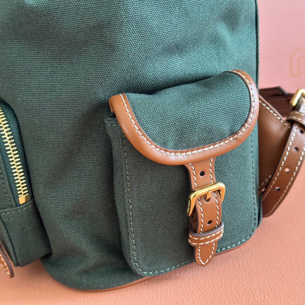 MIUMIU 26S MEDIUM BACKPACK 29 IN DARK GREEN CANVAS AND BROWN CALFSKIN