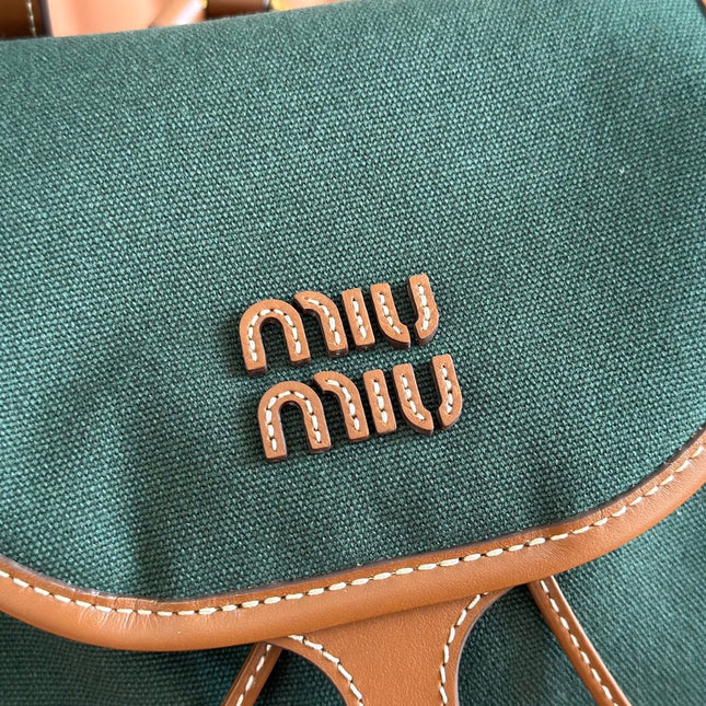 MIUMIU 26S MEDIUM BACKPACK 29 IN DARK GREEN CANVAS AND BROWN CALFSKIN