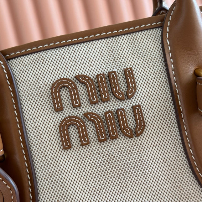 MIUMIU 26S HANDBAG 31 IN BROWN LEATHER AND BEIGE CANVAS