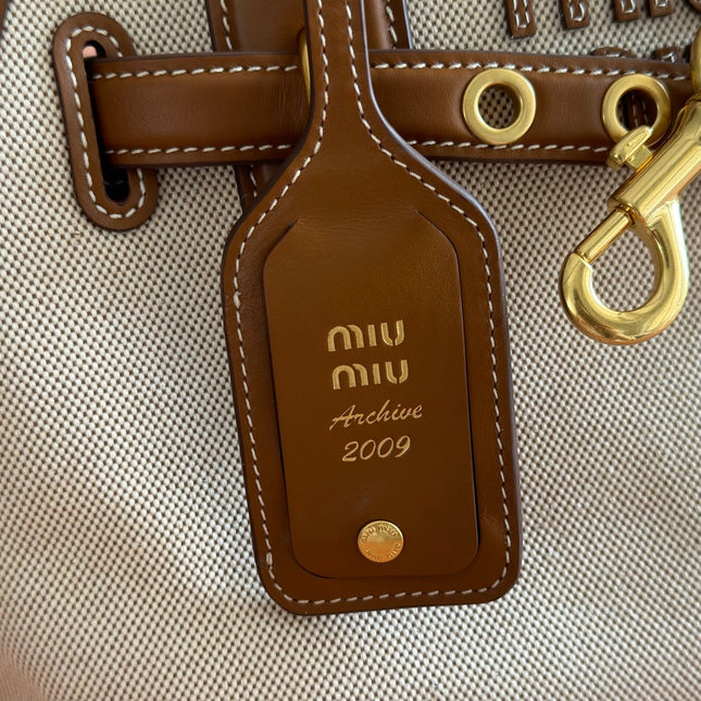 MIUMIU 26S HANDBAG 31 IN BROWN LEATHER AND BEIGE CANVAS