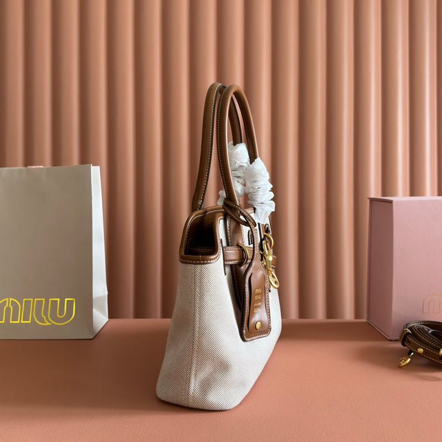 MIUMIU 26S HANDBAG 31 IN BROWN LEATHER AND BEIGE CANVAS