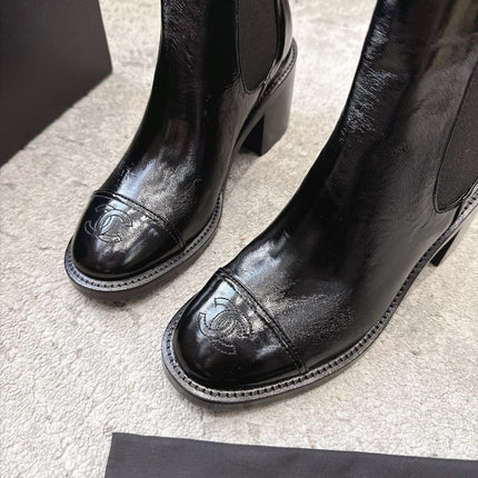 CHANEL 26S CAP TOE CHELSEA ANKLE BOOTS 65MM IN BLACK CRINKLED CALFSKIN