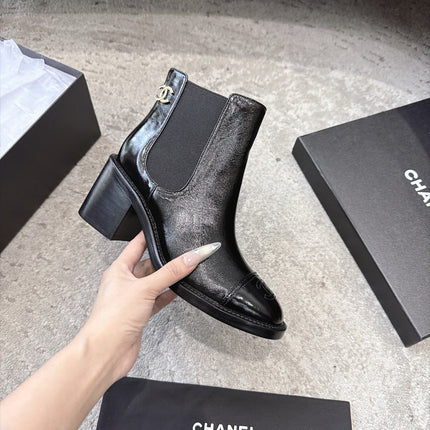 CHANEL 26S CAP TOE CHELSEA ANKLE BOOTS 65MM IN BLACK CRINKLED CALFSKIN