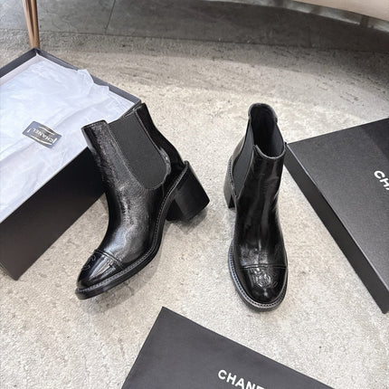 CHANEL 26S CAP TOE CHELSEA ANKLE BOOTS 65MM IN BLACK CRINKLED CALFSKIN