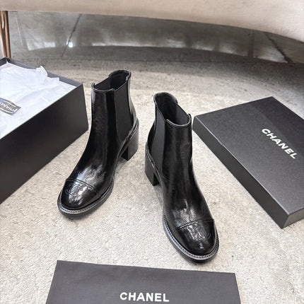 CHANEL 26S CAP TOE CHELSEA ANKLE BOOTS 65MM IN BLACK CRINKLED CALFSKIN