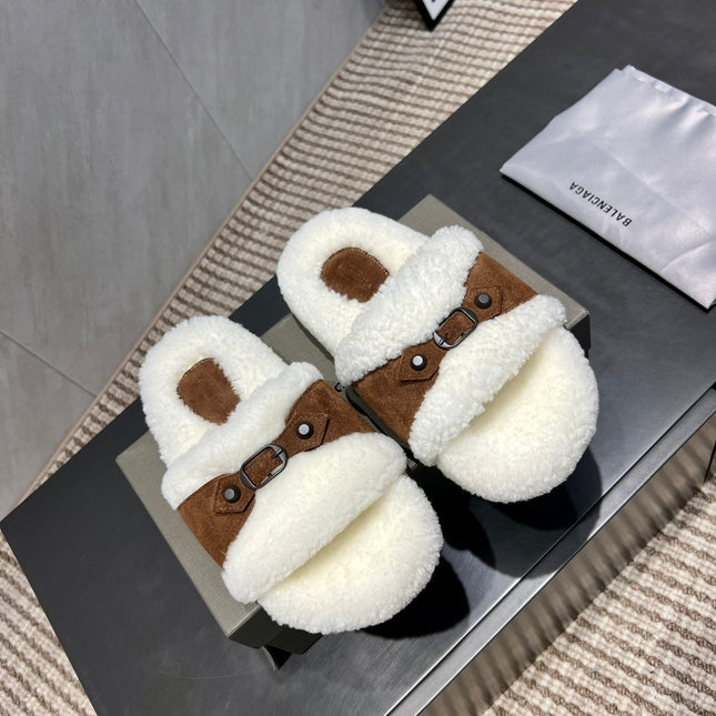 BALENCIAGA 25S SLIPPERS IN BROWN SUEDE AND WHITE WOOL