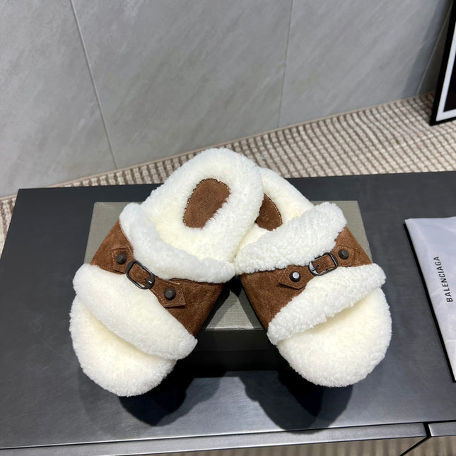 BALENCIAGA 25S SLIPPERS IN BROWN SUEDE AND WHITE WOOL