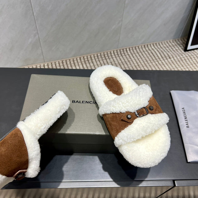 BALENCIAGA 25S SLIPPERS IN BROWN SUEDE AND WHITE WOOL