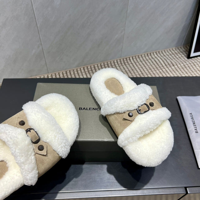 BALENCIAGA 25S SLIPPERS IN DARK BEIGE SUEDE AND WHITE WOOL