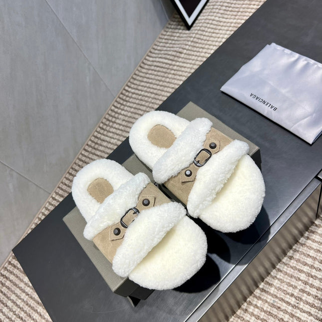 BALENCIAGA 25S SLIPPERS IN DARK BEIGE SUEDE AND WHITE WOOL