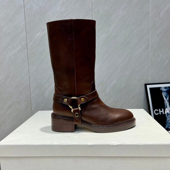 CHLOÉ 26S KNEE-HIGH BOOTS IN DARK BROWN CALFSKIN