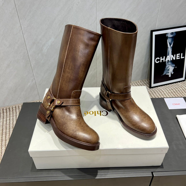 CHLOÉ 26S KNEE-HIGH BOOTS IN EARTH BROWN CALFSKIN
