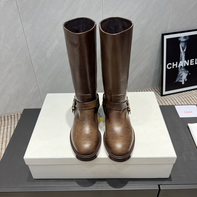 CHLOÉ 26S KNEE-HIGH BOOTS IN EARTH BROWN CALFSKIN