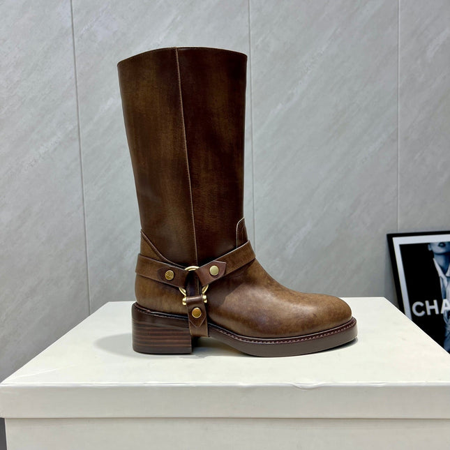 CHLOÉ 26S KNEE-HIGH BOOTS IN EARTH BROWN CALFSKIN