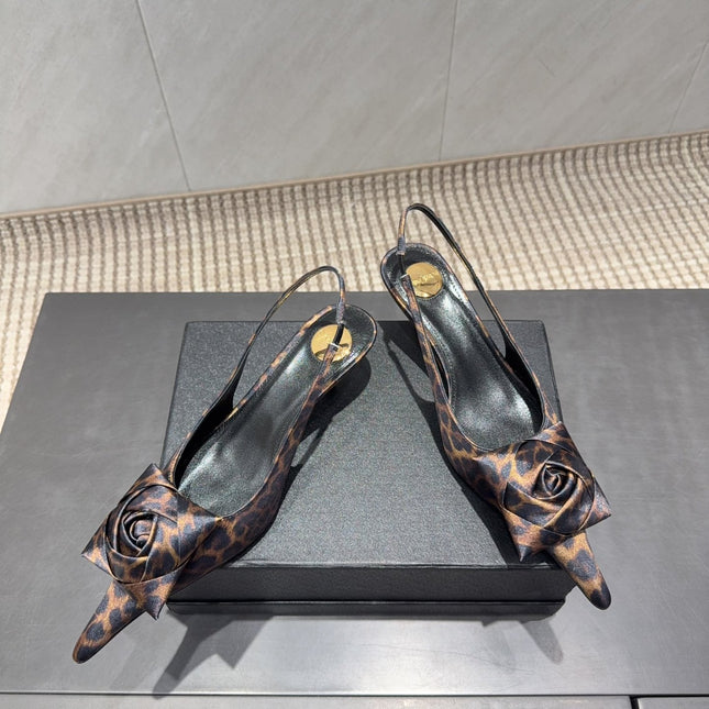YSL 26S HEELED SLINGBACKS 50 MM IN LEOPARD PRINT FABRIC