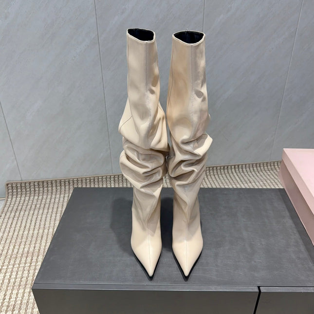 BALMAIN 26S KNEE-HIGH BOOTS 75 MM IN LIGHT BEIGE CALFSKIN