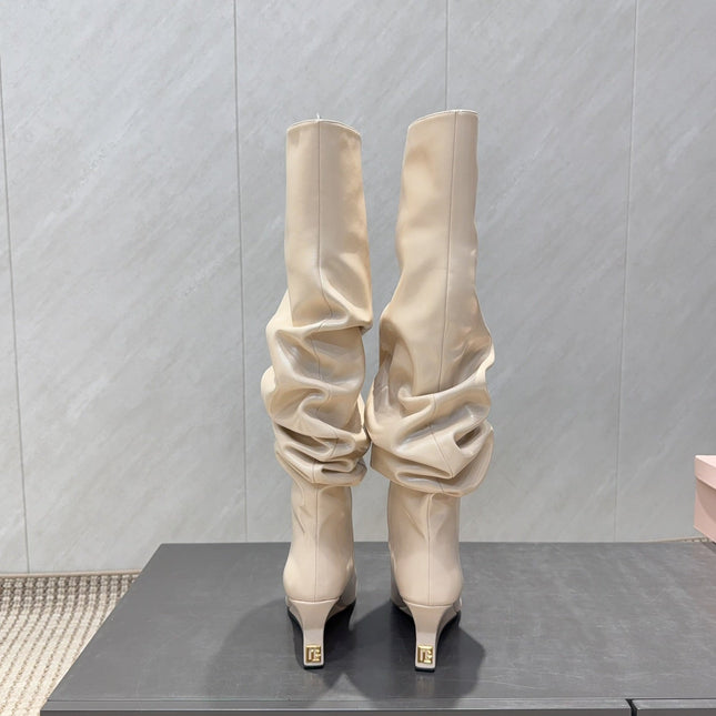 BALMAIN 26S KNEE-HIGH BOOTS 75 MM IN LIGHT BEIGE CALFSKIN