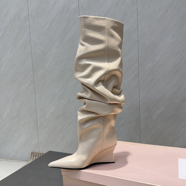 BALMAIN 26S KNEE-HIGH BOOTS 75 MM IN LIGHT BEIGE CALFSKIN