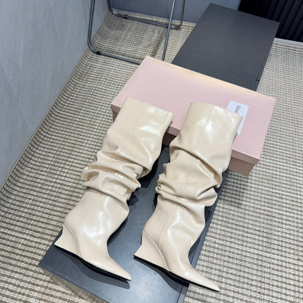 BALMAIN 26S KNEE-HIGH BOOTS 75 MM IN LIGHT BEIGE CALFSKIN