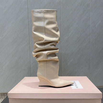BALMAIN 26S KNEE-HIGH BOOTS 75 MM IN LIGHT BEIGE CALFSKIN