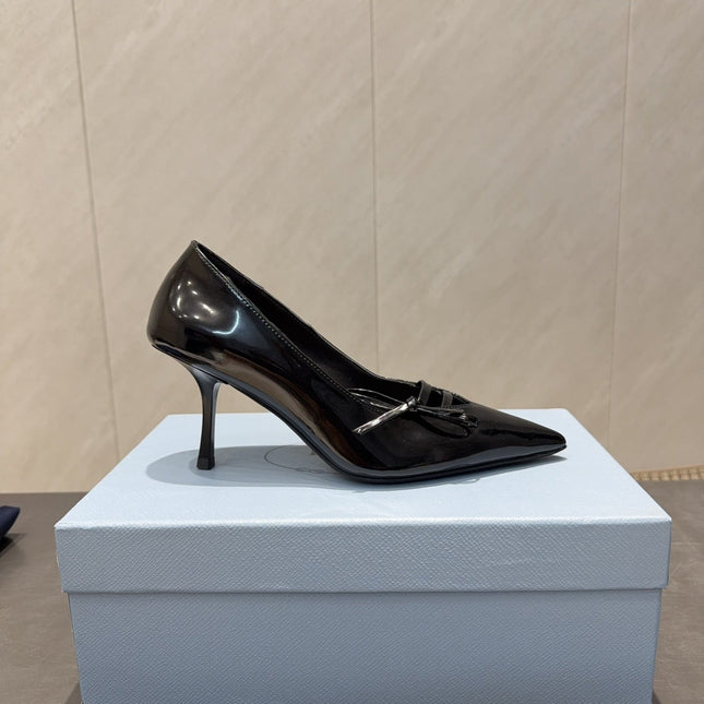 PRADA 26S POINTED TOE HEELS 75MM IN BLACK CALFSKIN WITH BOW