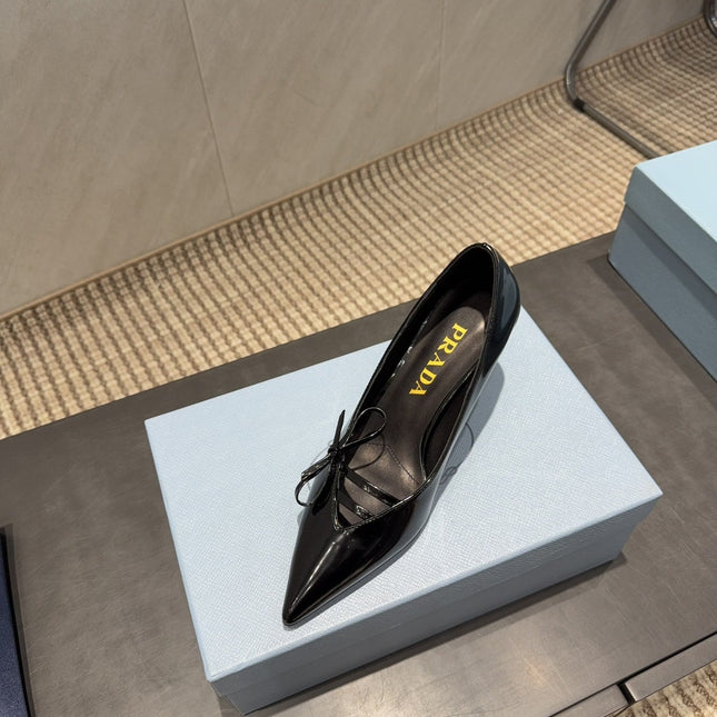 PRADA 26S POINTED TOE HEELS 75MM IN BLACK CALFSKIN WITH BOW