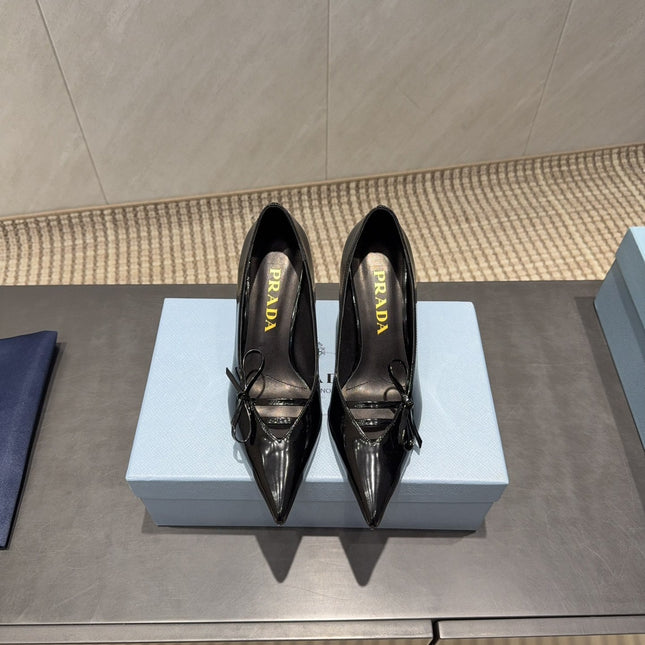 PRADA 26S POINTED TOE HEELS 75MM IN BLACK CALFSKIN WITH BOW