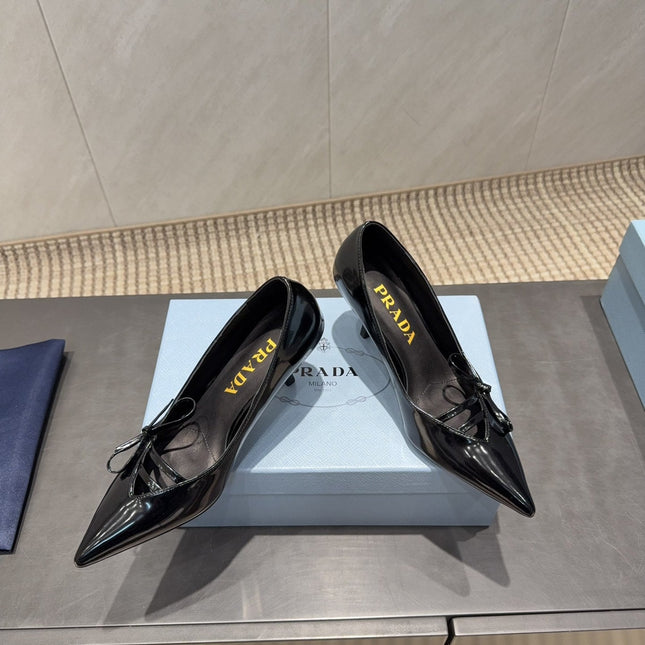 PRADA 26S POINTED TOE HEELS 75MM IN BLACK CALFSKIN WITH BOW