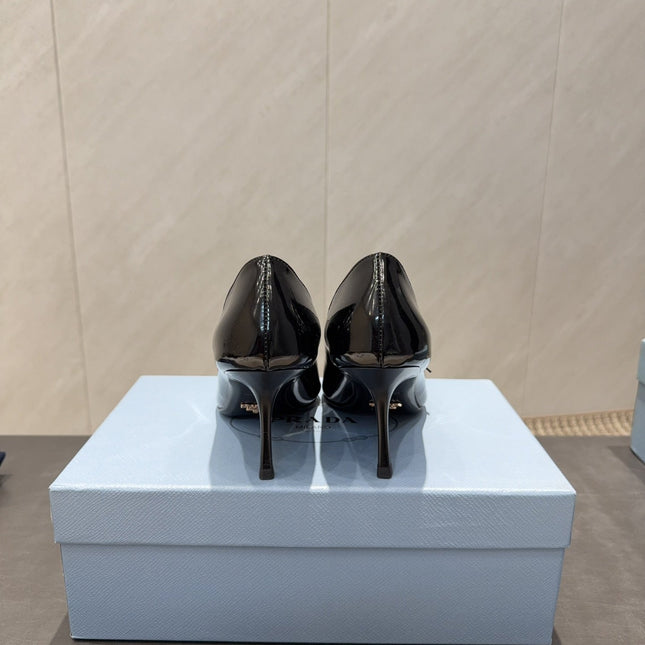 PRADA 26S POINTED TOE HEELS 75MM IN BLACK CALFSKIN WITH BOW