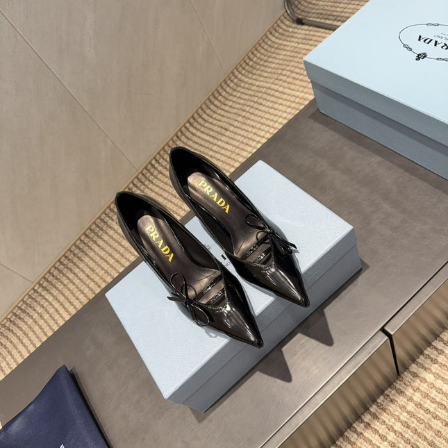 PRADA 26S POINTED TOE HEELS 75MM IN BLACK CALFSKIN WITH BOW