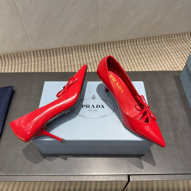 PRADA 26S POINTED TOE HEELS 75MM IN DARK RED CALFSKIN WITH BOW