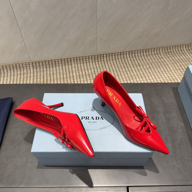 PRADA 26S POINTED TOE HEELS 75MM IN DARK RED CALFSKIN WITH BOW