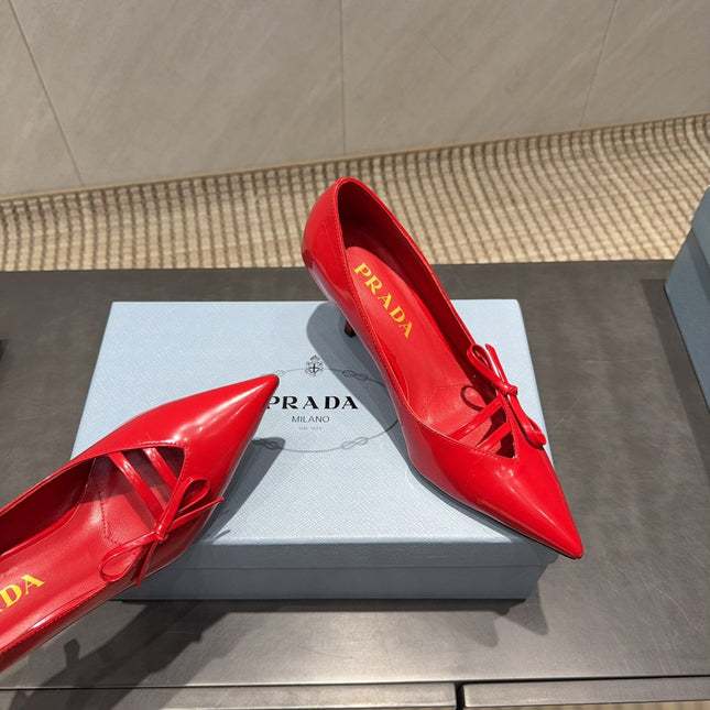 PRADA 26S POINTED TOE HEELS 75MM IN DARK RED CALFSKIN WITH BOW