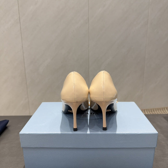 PRADA 26S POINTED TOE HEELS 75MM IN BEIGE CALFSKIN WITH BOW