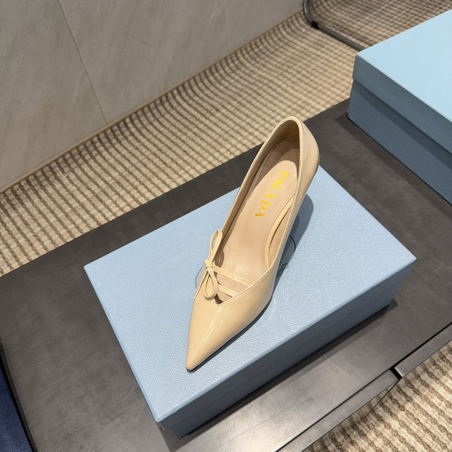 PRADA 26S POINTED TOE HEELS 75MM IN BEIGE CALFSKIN WITH BOW