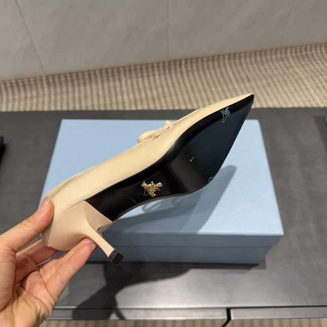 PRADA 26S POINTED TOE HEELS 75MM IN BEIGE CALFSKIN WITH BOW