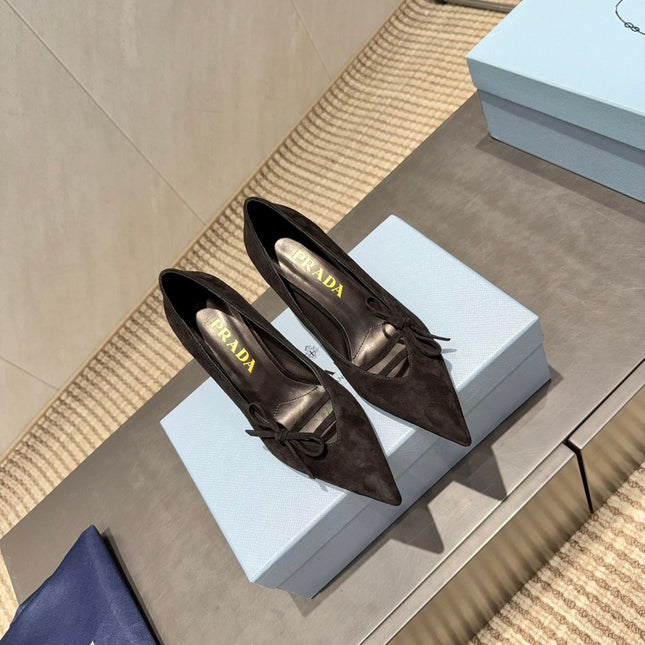 PRADA 26S POINTED TOE HEELS 75MM IN BLACK SUEDE WITH BOW