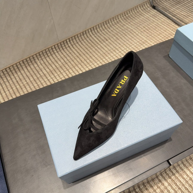 PRADA 26S POINTED TOE HEELS 75MM IN BLACK SUEDE WITH BOW