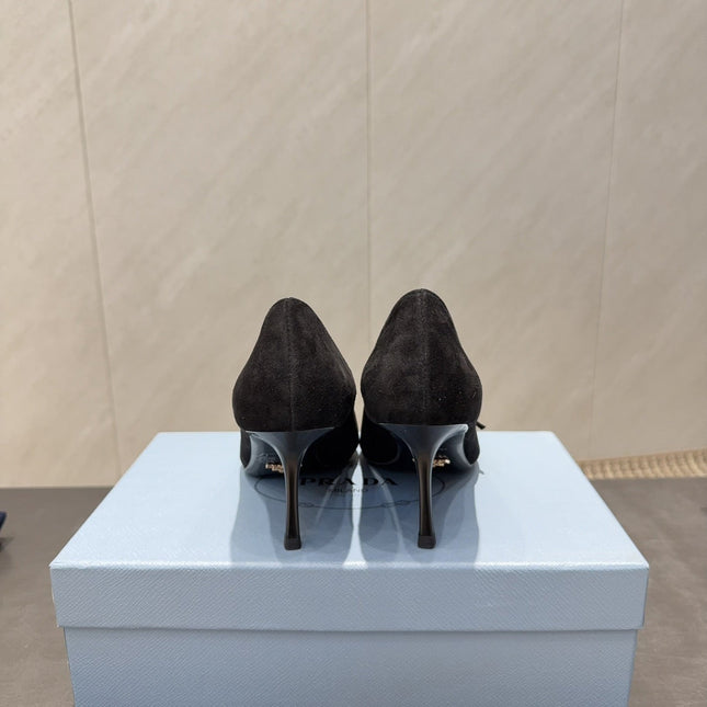 PRADA 26S POINTED TOE HEELS 75MM IN BLACK SUEDE WITH BOW