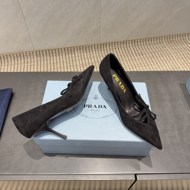 PRADA 26S POINTED TOE HEELS 75MM IN BLACK SUEDE WITH BOW