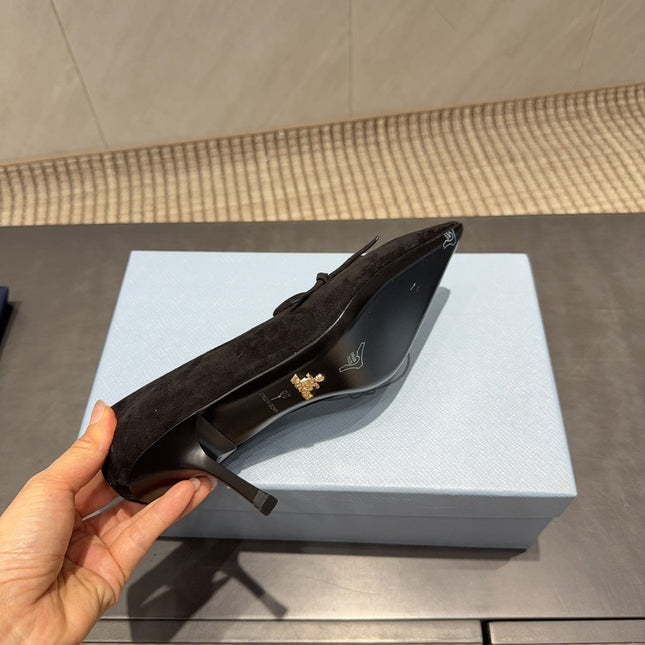 PRADA 26S POINTED TOE HEELS 75MM IN BLACK SUEDE WITH BOW