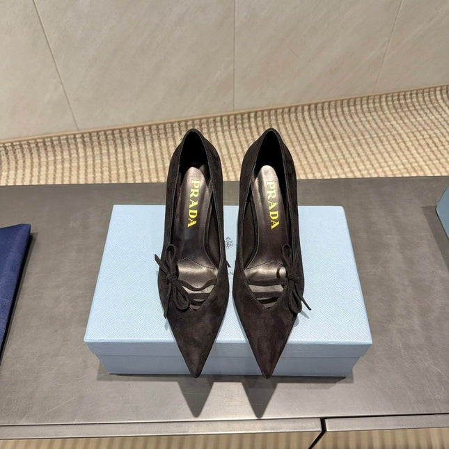PRADA 26S POINTED TOE HEELS 75MM IN BLACK SUEDE WITH BOW