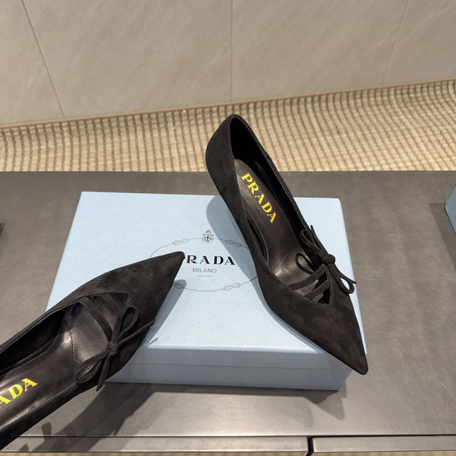 PRADA 26S POINTED TOE HEELS 75MM IN BLACK SUEDE WITH BOW