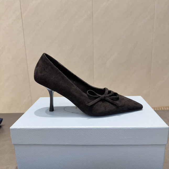 PRADA 26S POINTED TOE HEELS 75MM IN BLACK SUEDE WITH BOW