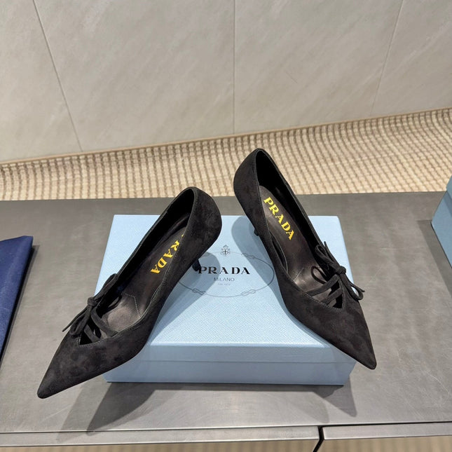 PRADA 26S POINTED TOE HEELS 75MM IN BLACK SUEDE WITH BOW