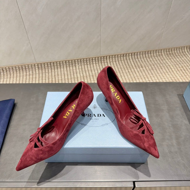 PRADA 26S POINTED TOE HEELS 75MM IN BURGUNDY RED SUEDE WITH BOW