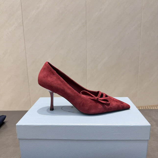 PRADA 26S POINTED TOE HEELS 75MM IN BURGUNDY RED SUEDE WITH BOW