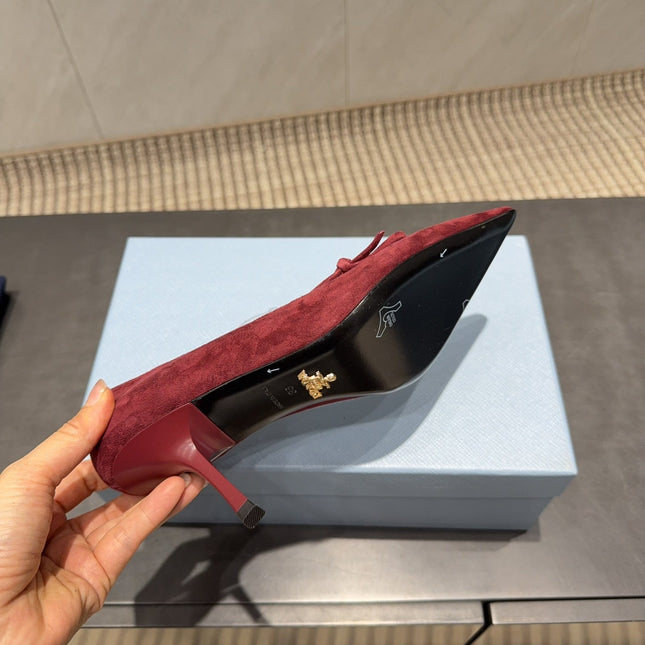 PRADA 26S POINTED TOE HEELS 75MM IN BURGUNDY RED SUEDE WITH BOW