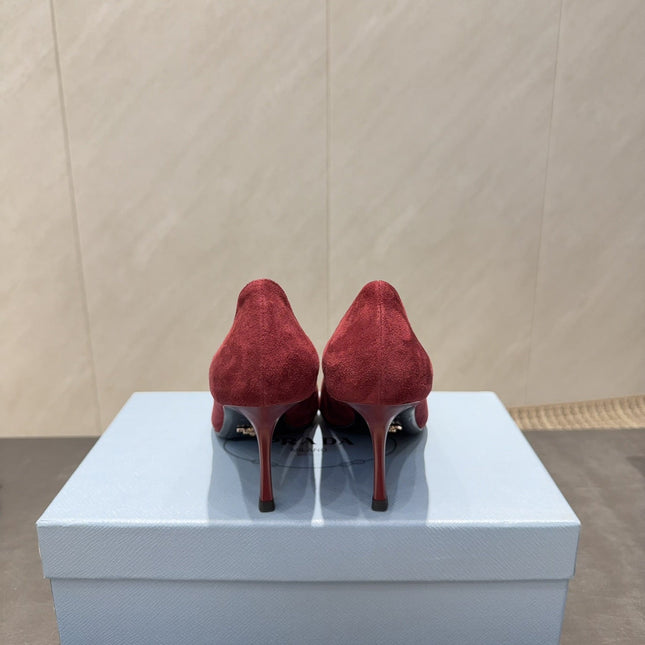 PRADA 26S POINTED TOE HEELS 75MM IN BURGUNDY RED SUEDE WITH BOW