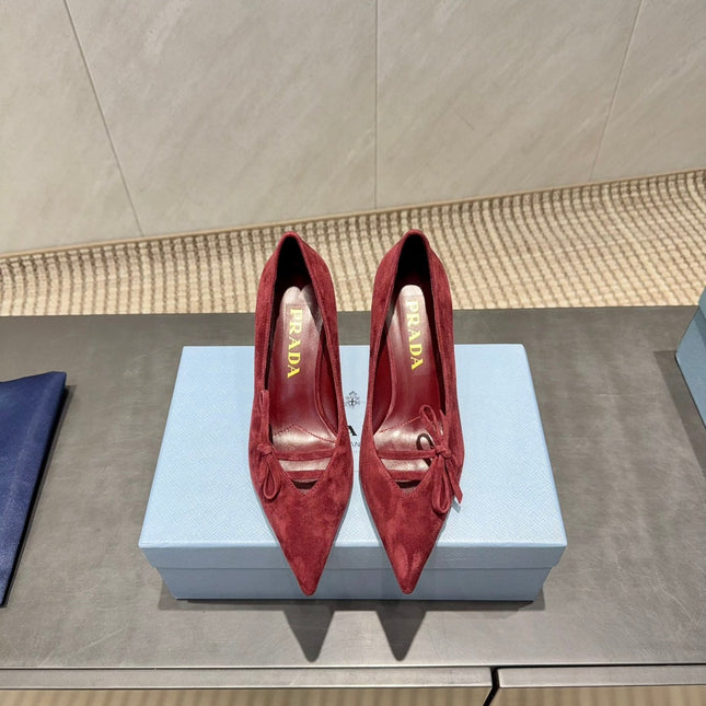 PRADA 26S POINTED TOE HEELS 75MM IN BURGUNDY RED SUEDE WITH BOW